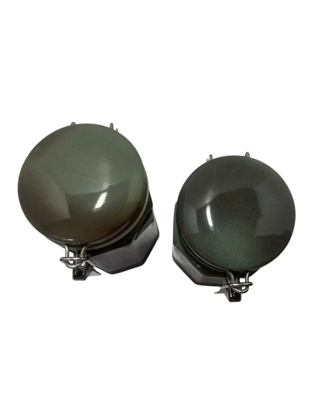 Pier 1 Six Inch Ceramic Hexagonal Canister with Latch Lid in Brown & Green Glaze
